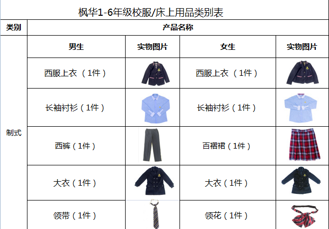 枫华2018秋季学期校服订购(1-6年级)