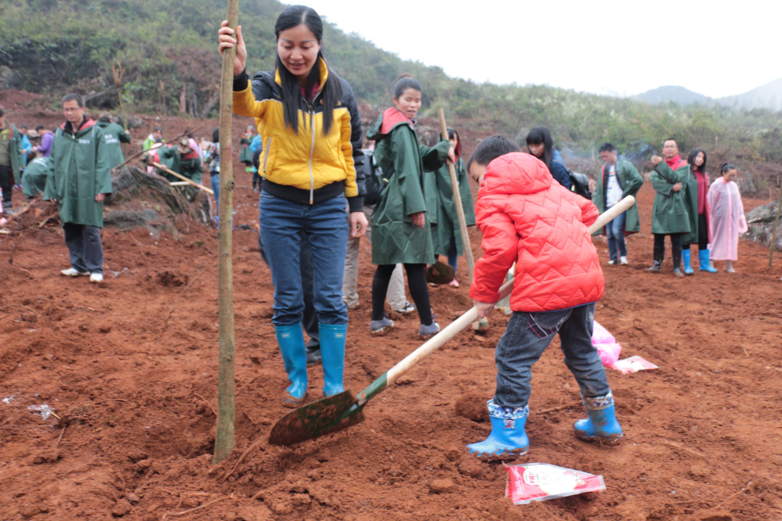 团市委书记叶丽燕与团县委书记任荣华一道参加植树活动