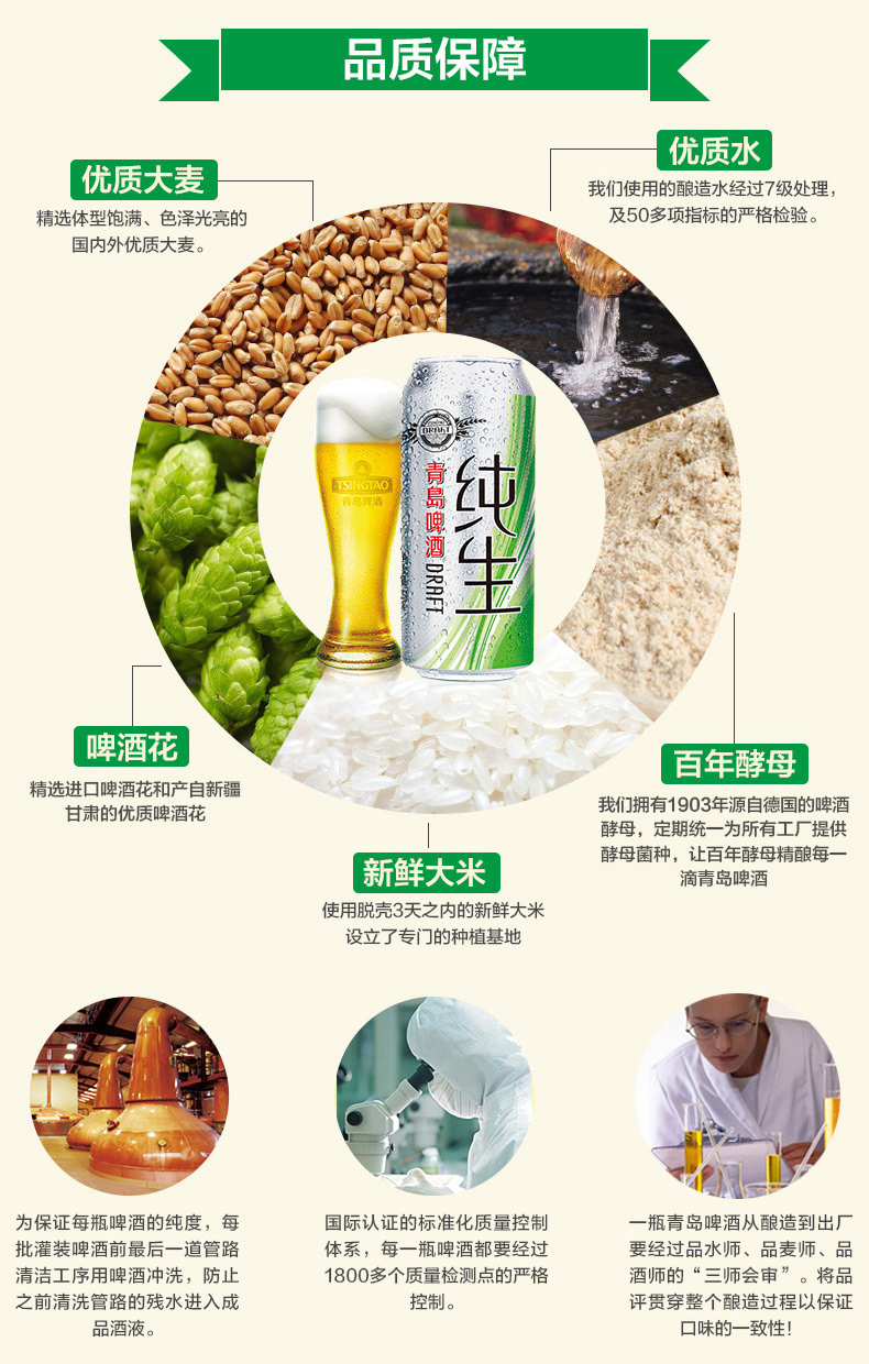 名称:青岛纯生 原料:水,麦芽,大米       啤酒花等 酒精度:≥3.